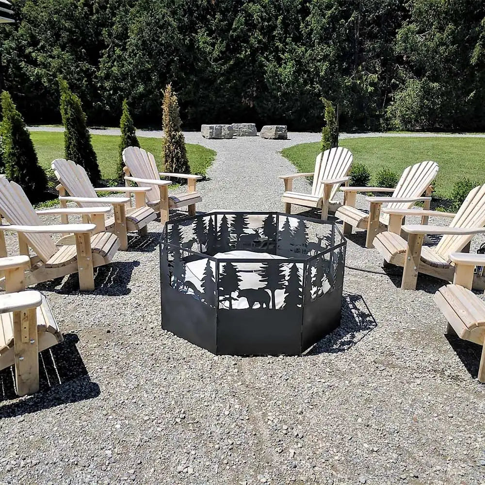 Black bear-themed fire pit with metal frame and circular design, surrounded by adirondack chairs.