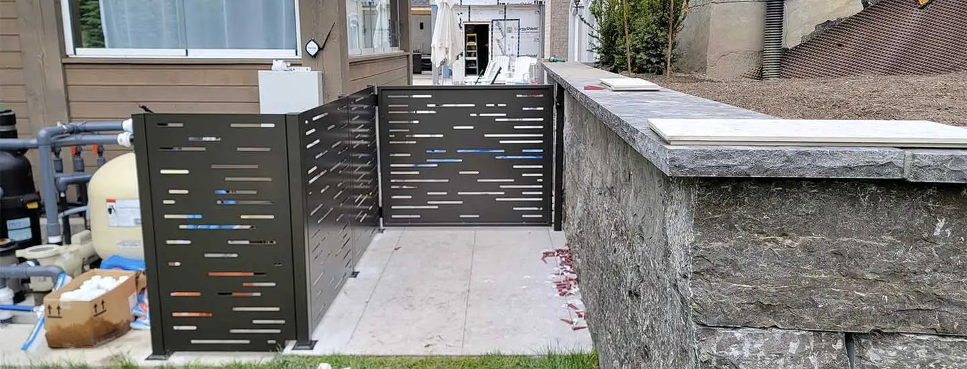 Black metal modern gate with horizontal slats and a sleek design.