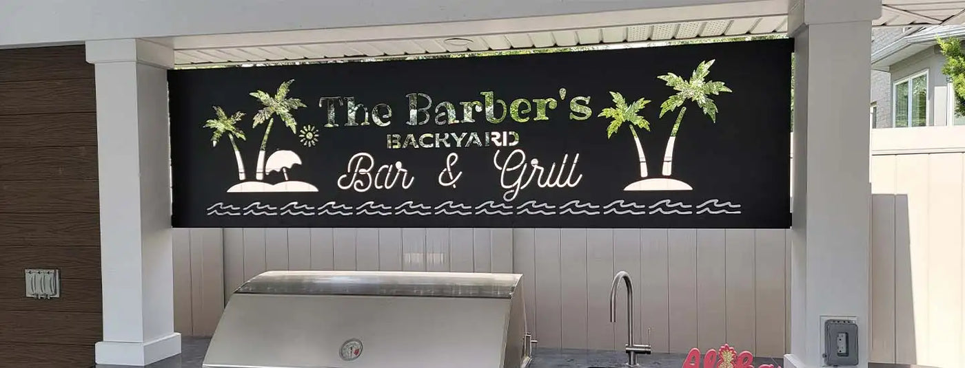 Black and white palm tree design banner for outdoor bar area.