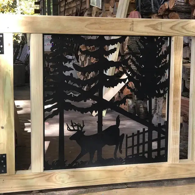 Black deer metal art panel with forest scene design