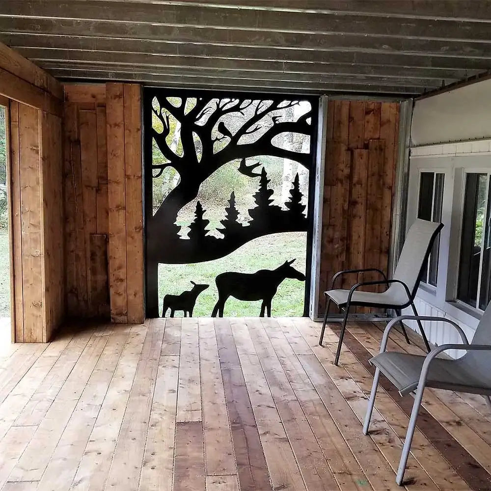Metal screen door with deer and tree design, black