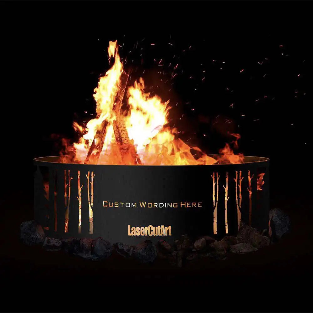 Fire pit with birch tree design, black and orange flames