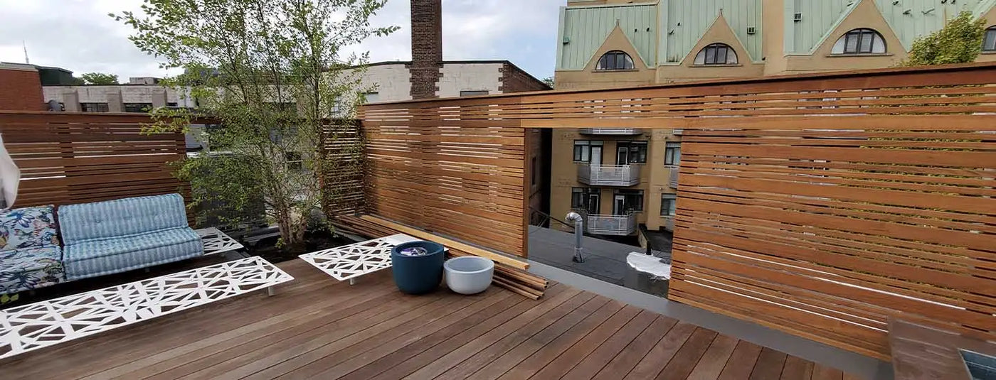 Wooden deck with modern design and natural finish.